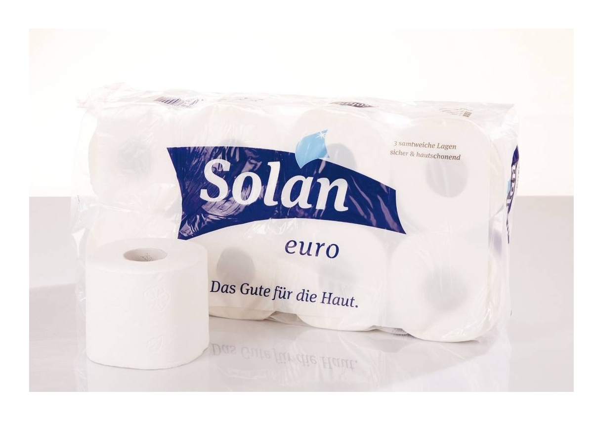 Toilettenpapier Euro Solan 3lagig, 250Blatt, hochweiss, 
Zellstoff - 72Rollen (9x8R)
Label: "FSC Umweltlabel"
